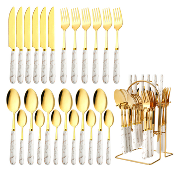 Wanchi set tacâmuri occidentale, 24 de piese, mânere ceramice, din oțel inoxidabil, stil hotelier de lux
