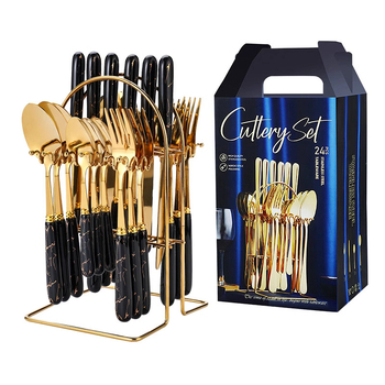 Wanchi set tacâmuri occidentale, 24 de piese, mânere ceramice, din oțel inoxidabil, stil hotelier de lux