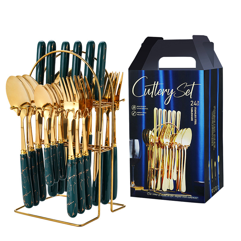 Wanchi set tacâmuri occidentale, 24 de piese, mânere ceramice, din oțel inoxidabil, stil hotelier de lux