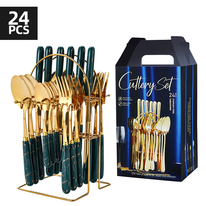 Wanchi set tacâmuri occidentale, 24 de piese, mânere ceramice, din oțel inoxidabil, stil hotelier de lux