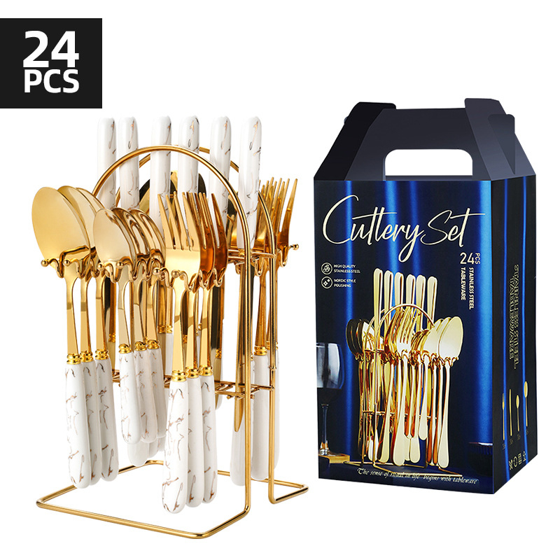 Wanchi set tacâmuri occidentale, 24 de piese, mânere ceramice, din oțel inoxidabil, stil hotelier de lux