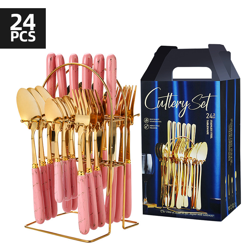 Wanchi set tacâmuri occidentale, 24 de piese, mânere ceramice, din oțel inoxidabil, stil hotelier de lux