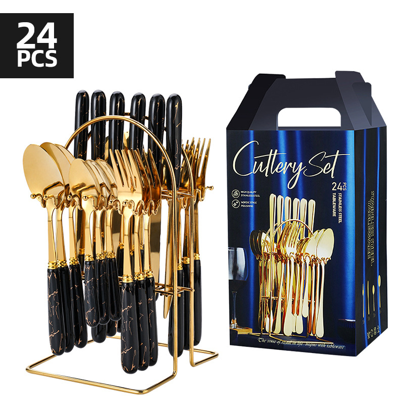 Wanchi set tacâmuri occidentale, 24 de piese, mânere ceramice, din oțel inoxidabil, stil hotelier de lux