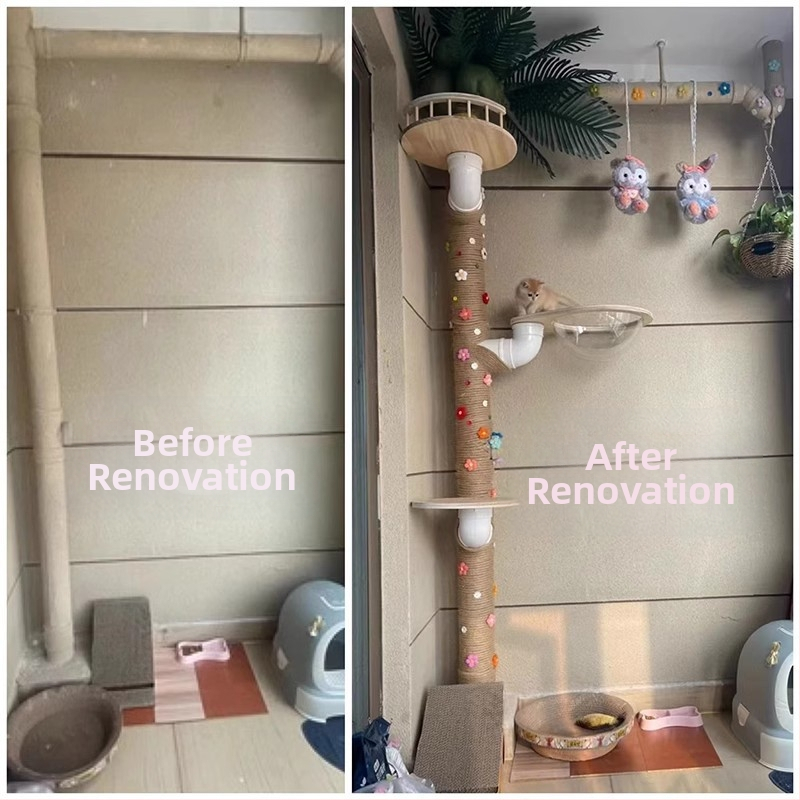 Mačací strom na lezenie s hniezdom a rámom – DIY materiály pre obnovu vodovodných rúrok, balkón, PVC drenážna rúra a plynová rúra