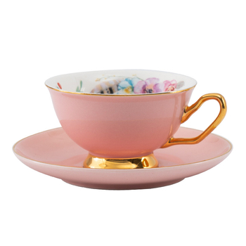 Set de cești de cafea din ceramică cu farfurie, margine aurie, glazură colorată și model floral, pentru ceaiul de după-amiază