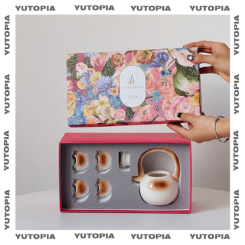 YUTOPIA Set ceai cu ceainic și cești cu pisică siameză, ceramică cu tavă, cutie cadou, pentru 4 persoane