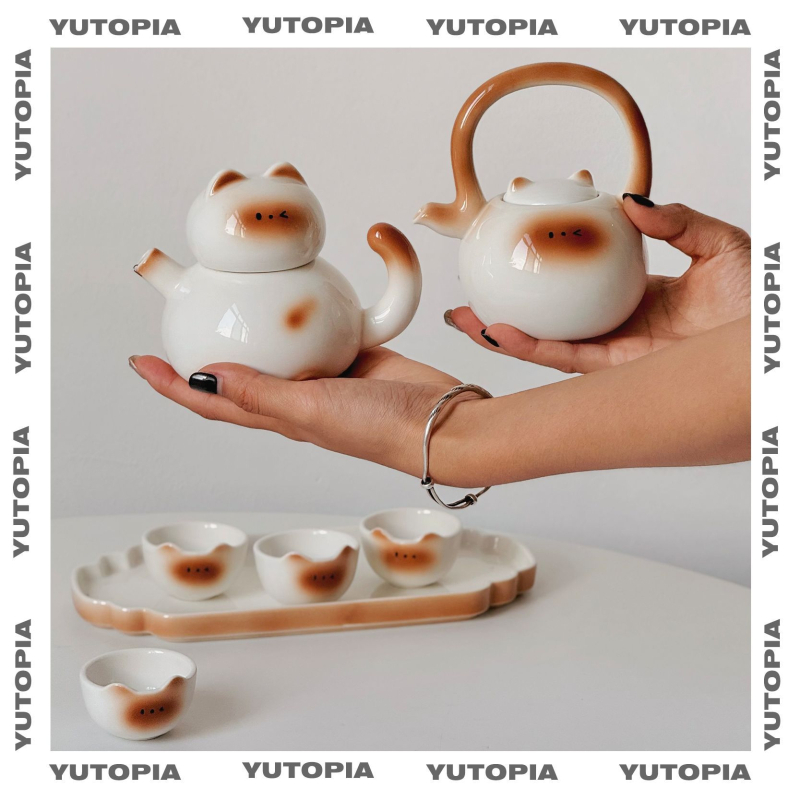 YUTOPIA Set ceai cu ceainic și cești cu pisică siameză, ceramică cu tavă, cutie cadou, pentru 4 persoane