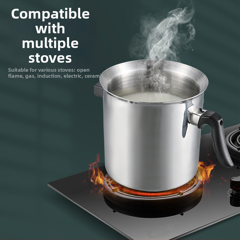Recipient din oțel inoxidabil pentru încălzirea laptelui și cafelei, antiaderent, fără vărsare, cu fund din trei straturi, capac din oțel inoxidabil 304, dimensiuni 21 × 12 × 18 cm
