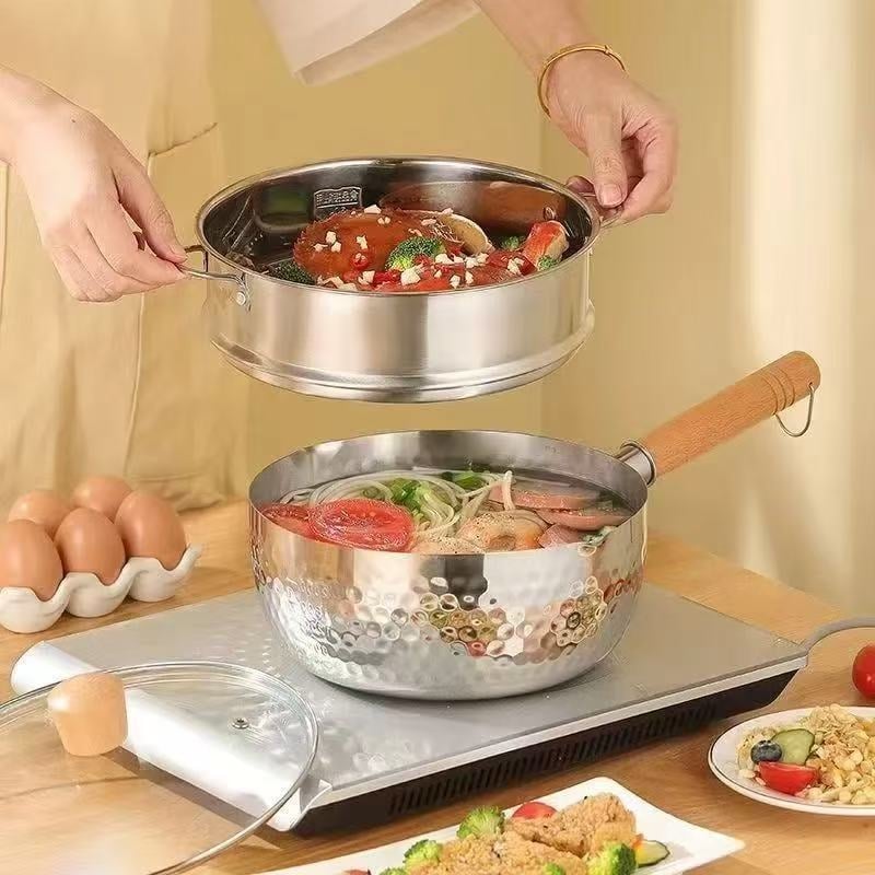 Oală Yukihira japoneză din oțel inoxidabil 304, capac din sticlă, grătar de abur, pentru hrana bebelușilor și lapte, compatibilă cu aragaz universal
