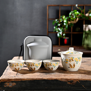 Set ceai de călătorie Ru Kiln de la Little Yellow Cat: ceainic ceramic și 3 cești, pentru exterior, cadou personalizat