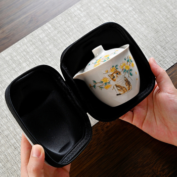 Set ceai de călătorie Ru Kiln de la Little Yellow Cat: ceainic ceramic și 3 cești, pentru exterior, cadou personalizat
