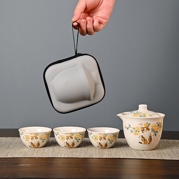 Set ceai de călătorie Ru Kiln de la Little Yellow Cat: ceainic ceramic și 3 cești, pentru exterior, cadou personalizat