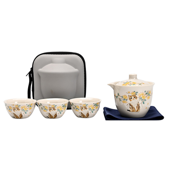 Set ceai de călătorie Ru Kiln de la Little Yellow Cat: ceainic ceramic și 3 cești, pentru exterior, cadou personalizat