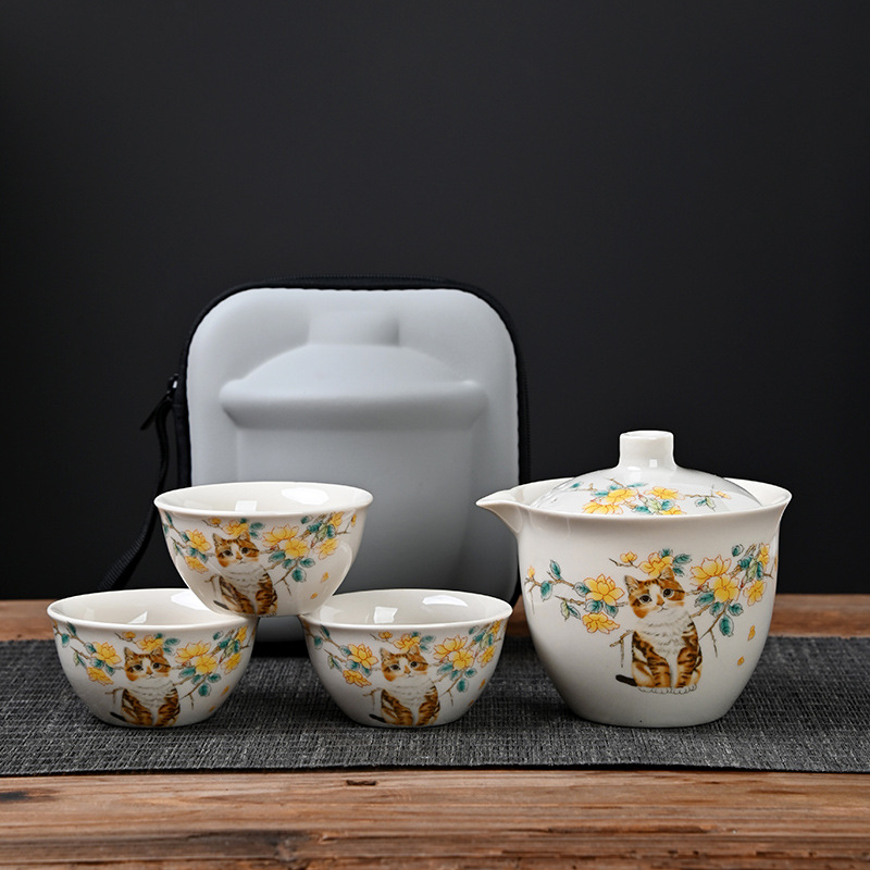 Set ceai de călătorie Ru Kiln de la Little Yellow Cat: ceainic ceramic și 3 cești, pentru exterior, cadou personalizat