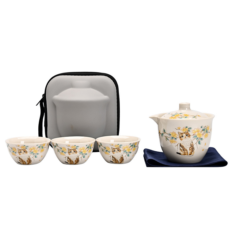 Set ceai de călătorie Ru Kiln de la Little Yellow Cat: ceainic ceramic și 3 cești, pentru exterior, cadou personalizat