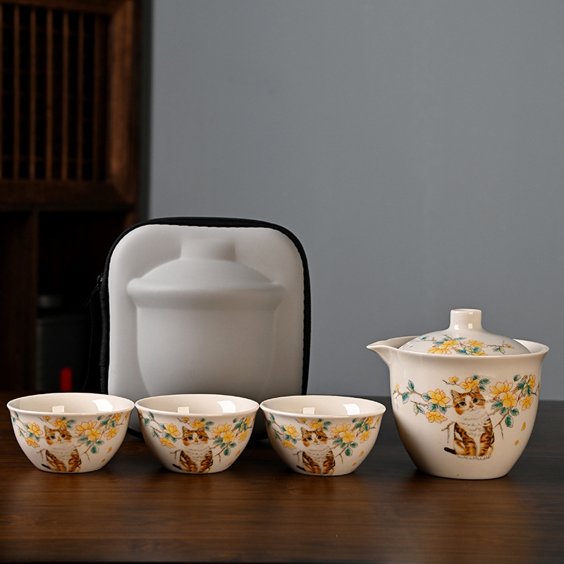 Set ceai de călătorie Ru Kiln de la Little Yellow Cat: ceainic ceramic și 3 cești, pentru exterior, cadou personalizat