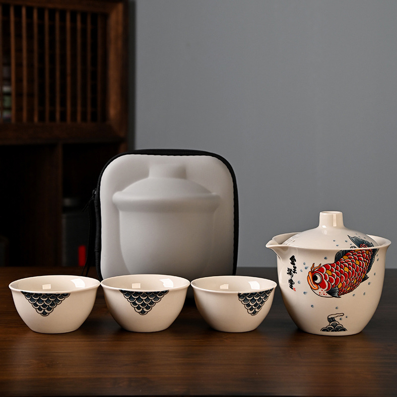 Set ceai de călătorie Ru Kiln de la Little Yellow Cat: ceainic ceramic și 3 cești, pentru exterior, cadou personalizat