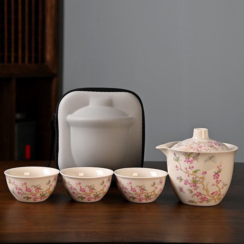 Set ceai de călătorie Ru Kiln de la Little Yellow Cat: ceainic ceramic și 3 cești, pentru exterior, cadou personalizat