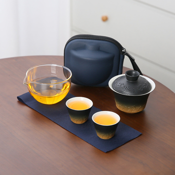 Set de ceai ceramic cu relief, stil retro, portabil, pentru camping în aer liber — un ceainic și două cești