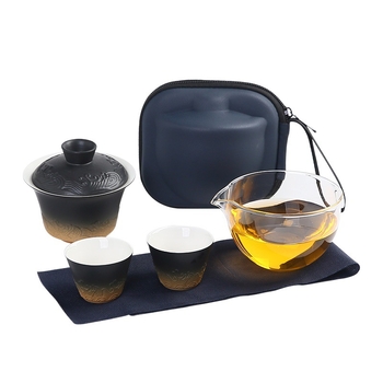 Set de ceai ceramic cu relief, stil retro, portabil, pentru camping în aer liber — un ceainic și două cești