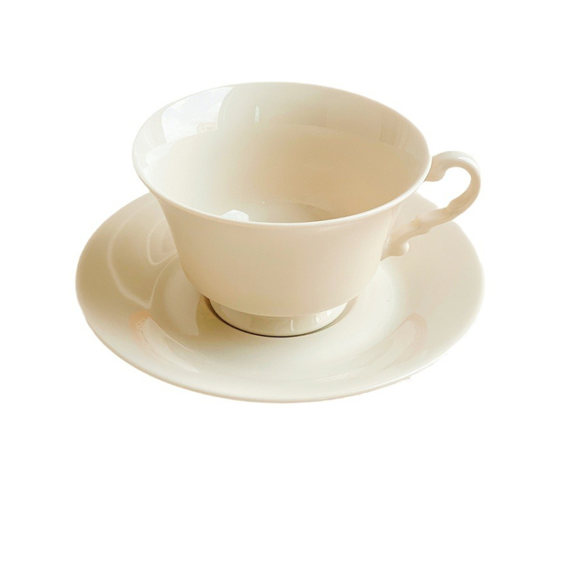 Set de cești de cafea cu farfurie, în stil franțuzesc, ceramică galben-lăptos, compactă și elegantă pentru birou