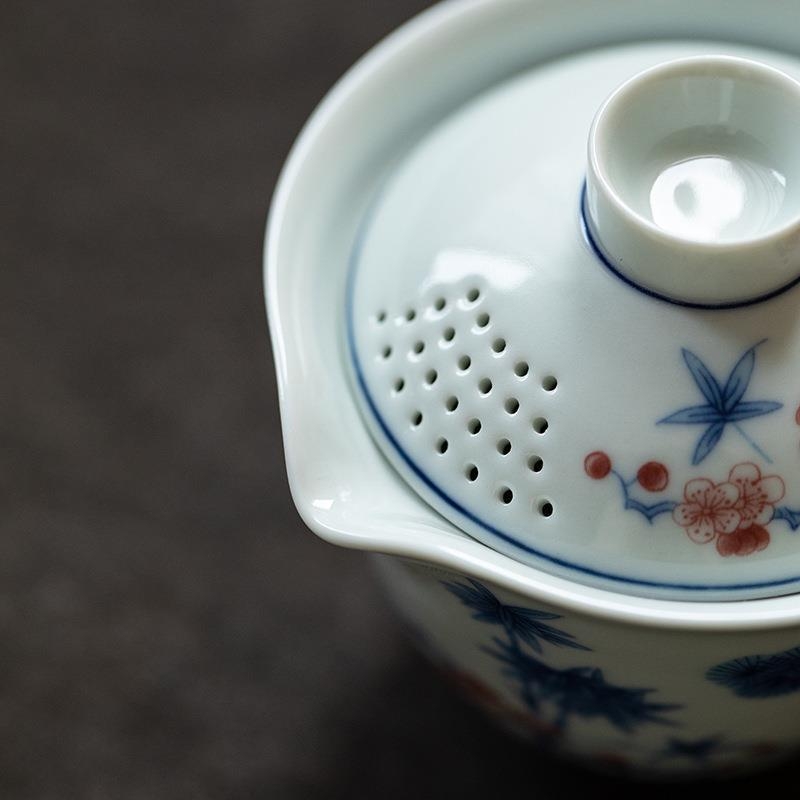 Set de ceai Kung Fu pentru călătorii, ceramică alb-bleu, cu o ceainică și două cești, într-o husă portabilă