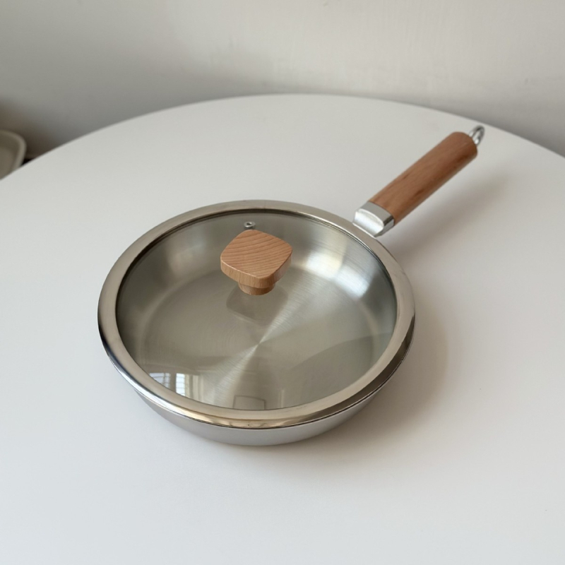 Tigaie din oțel inoxidabil 304, netratată, cu mâner din lemn, mică tigaie pentru uz casnic, potrivită pentru ouă, friptură și mâncare pentru bebeluși.