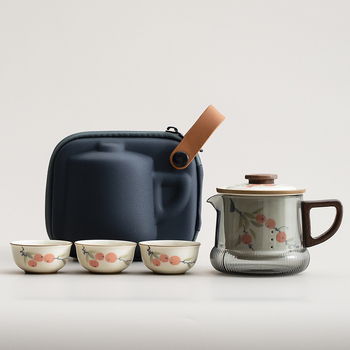 Set de ceai de călătorie pictat manual: cană pentru mașină, un ceainic și trei căni, cadou ceramic