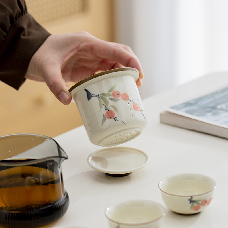 Set de ceai de călătorie pictat manual: cană pentru mașină, un ceainic și trei căni, cadou ceramic