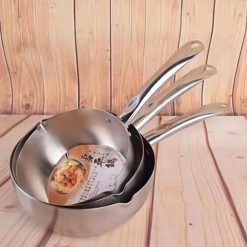 Tigaie Yukihira din oțel inoxidabil, stil japonez, grosime extra, pentru ramen, compatibil gaz și inducție, mâner din lemn, fără acoperire
