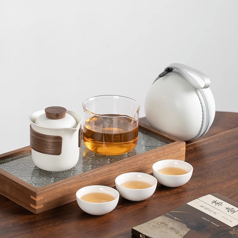 Set de ceai portabil pentru călătorii, ceainic ceramic compact pentru camping în aer liber