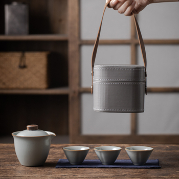 Set Gongfu de ceai ceramic cu un ceainic și trei cești, portabil pentru exterior, include separator de ceai și husă de depozitare