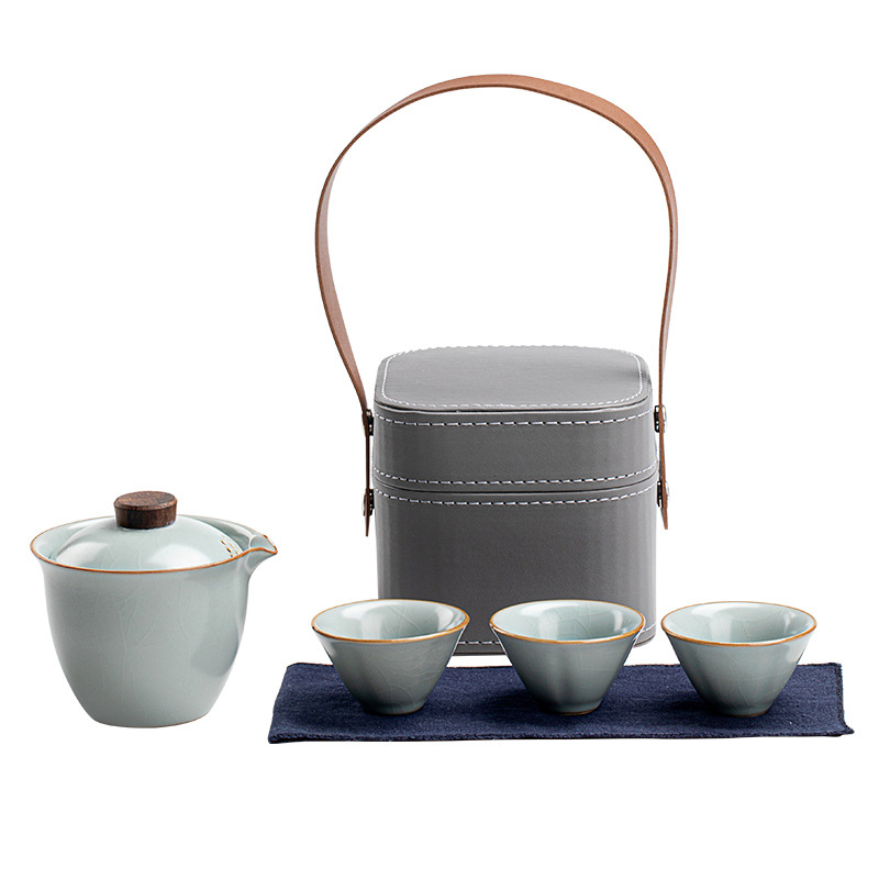 Set Gongfu de ceai ceramic cu un ceainic și trei cești, portabil pentru exterior, include separator de ceai și husă de depozitare