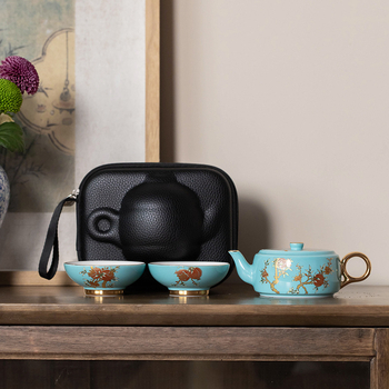 Set de ceainic și două cești pentru călătorii – ceainic ceramic portabil, pentru exterior, stil retro luxos, cutie cadou