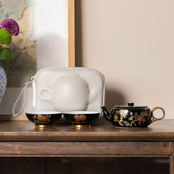 Set de ceainic și două cești pentru călătorii – ceainic ceramic portabil, pentru exterior, stil retro luxos, cutie cadou