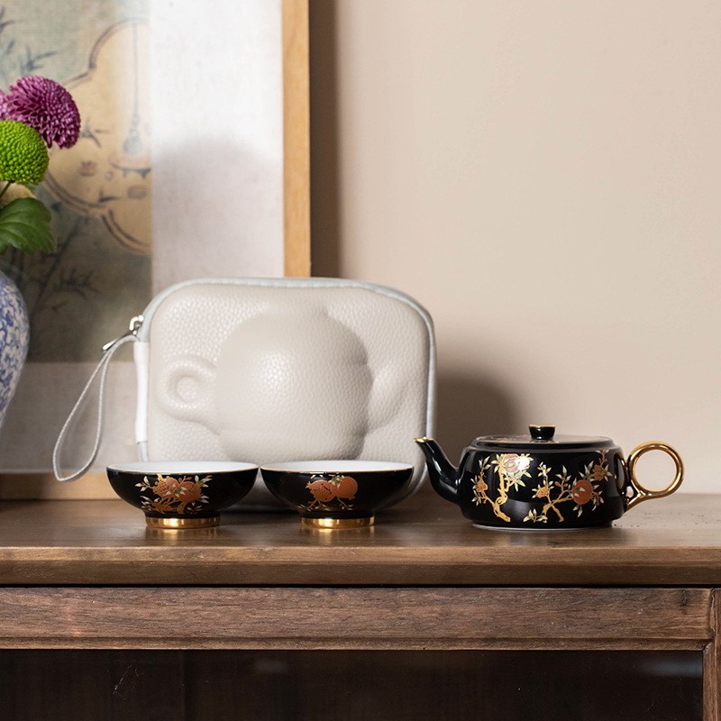 Set de ceainic și două cești pentru călătorii – ceainic ceramic portabil, pentru exterior, stil retro luxos, cutie cadou