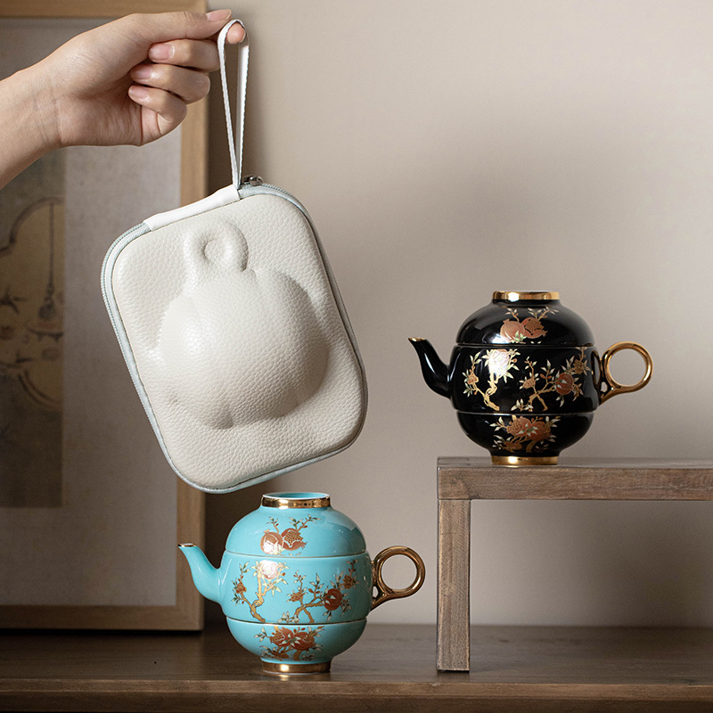 Set de ceainic și două cești pentru călătorii – ceainic ceramic portabil, pentru exterior, stil retro luxos, cutie cadou