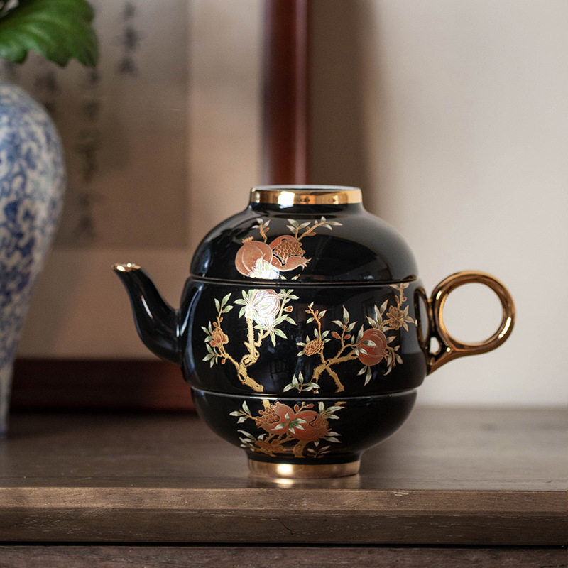 Set de ceainic și două cești pentru călătorii – ceainic ceramic portabil, pentru exterior, stil retro luxos, cutie cadou