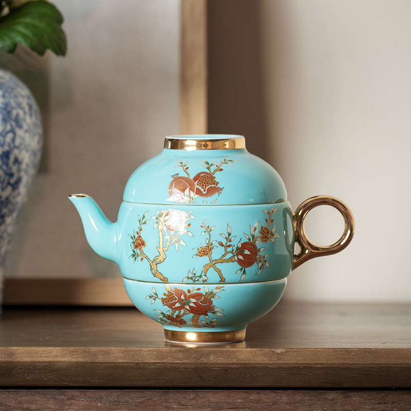 Set de ceainic și două cești pentru călătorii – ceainic ceramic portabil, pentru exterior, stil retro luxos, cutie cadou
