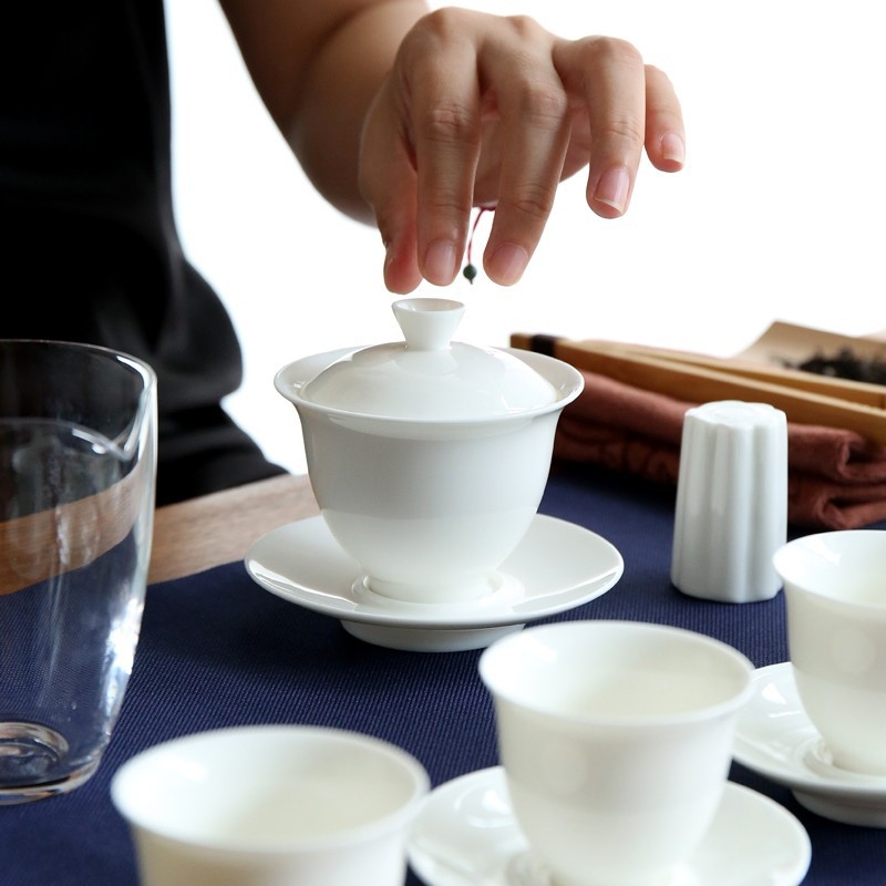 Set Gongfu de ceai din porțelan alb Dehua — gaiwan pentru casă și călătorii