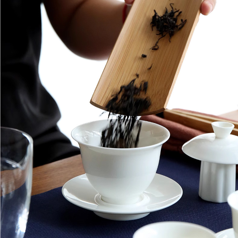 Set Gongfu de ceai din porțelan alb Dehua — gaiwan pentru casă și călătorii