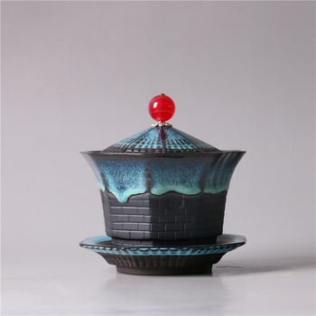 Set ceai Jian ware cu ceainic și bol cu capac, glazură Tenmoku păun, stil retro ceramică de lux