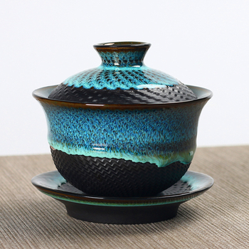 Set ceai Jian ware cu ceainic și bol cu capac, glazură Tenmoku păun, stil retro ceramică de lux