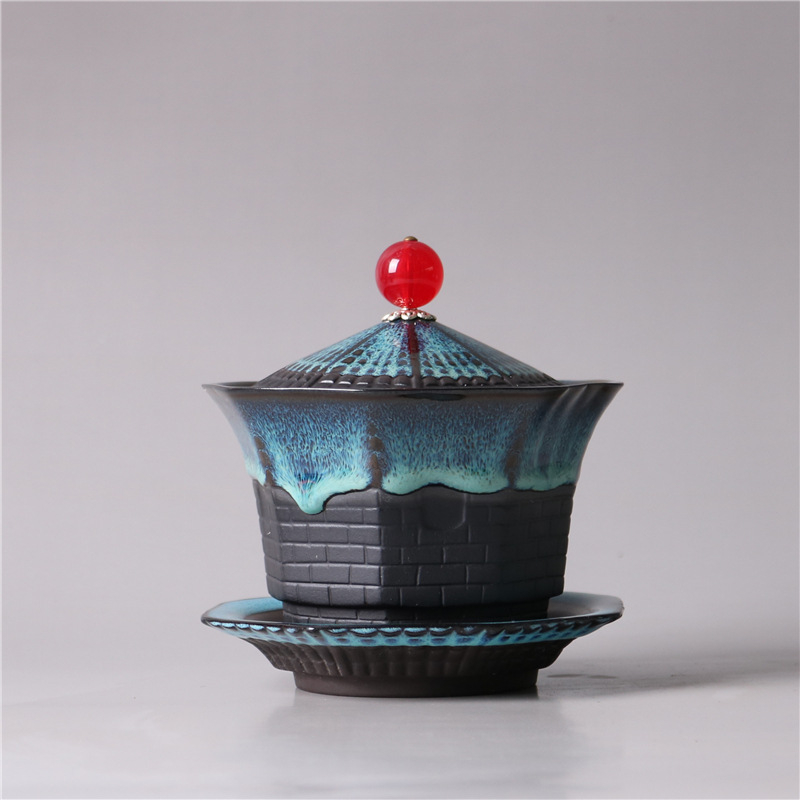 Set ceai Jian ware cu ceainic și bol cu capac, glazură Tenmoku păun, stil retro ceramică de lux