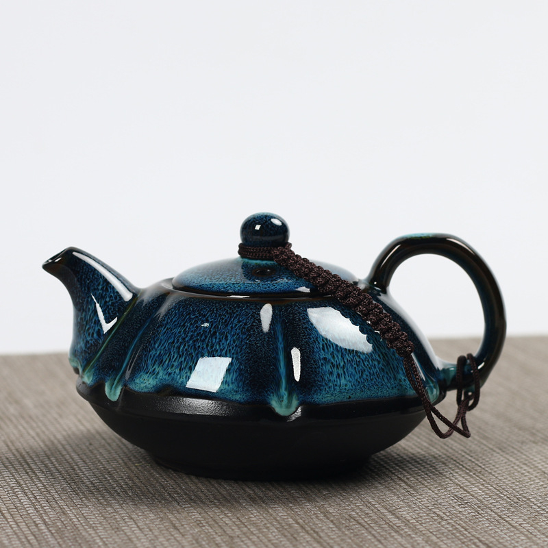 Set ceai Jian ware cu ceainic și bol cu capac, glazură Tenmoku păun, stil retro ceramică de lux