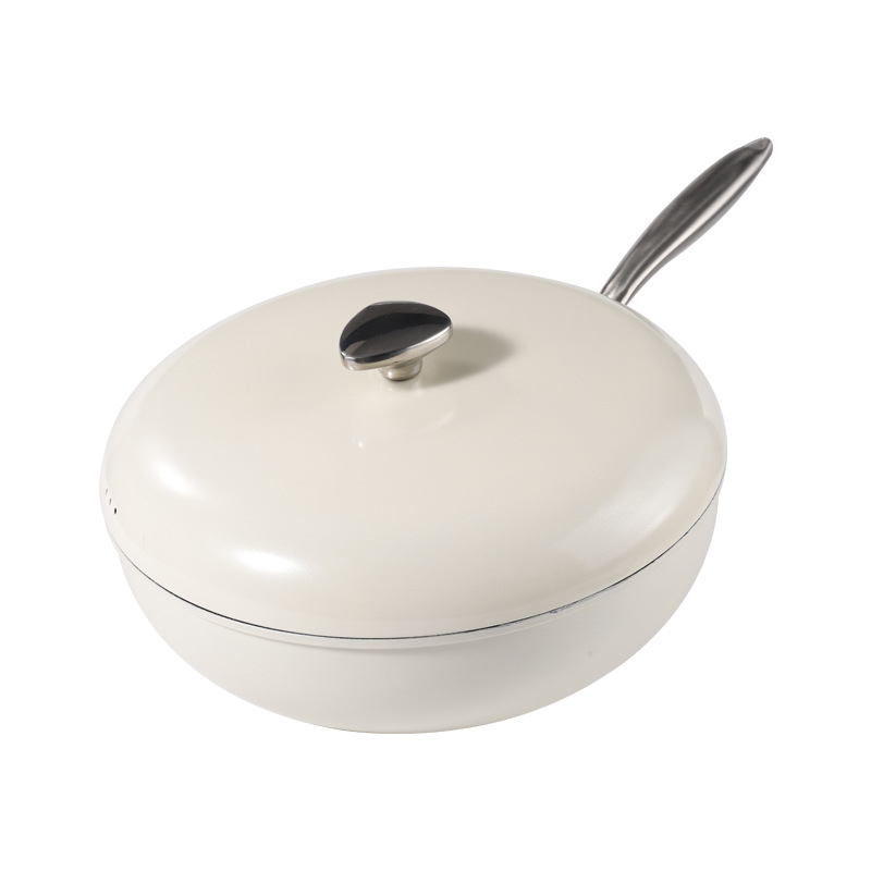 Tigaie wok cu suprafață Maifanit, textură piatră, antiaderentă, bază plată, pentru uz casnic, fum redus, compatibilă cu inducția