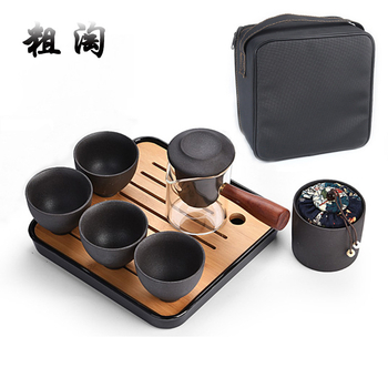 Ceainic cu mâner lateral din sticlă, stil japonez, set de ceai vintage cadou din ceramică neagră, set de ceai de călătorie cu ceașcă
