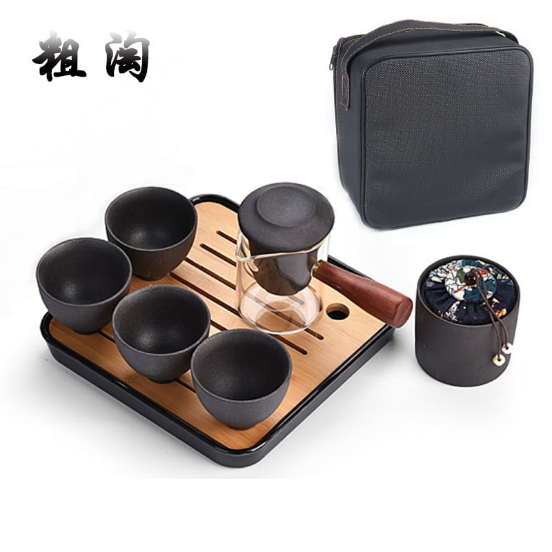 Ceainic cu mâner lateral din sticlă, stil japonez, set de ceai vintage cadou din ceramică neagră, set de ceai de călătorie cu ceașcă