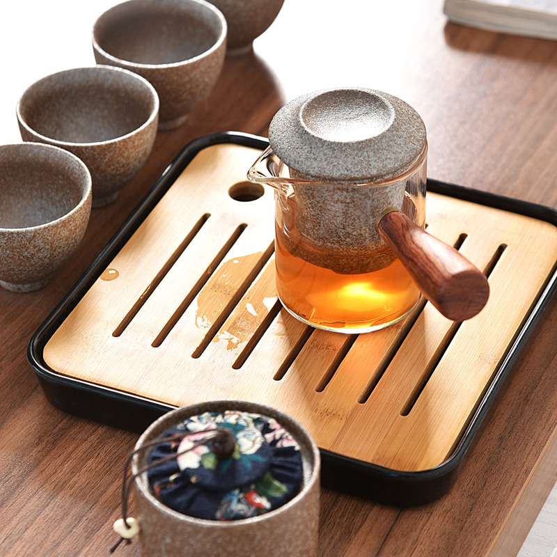 Ceainic cu mâner lateral din sticlă, stil japonez, set de ceai vintage cadou din ceramică neagră, set de ceai de călătorie cu ceașcă
