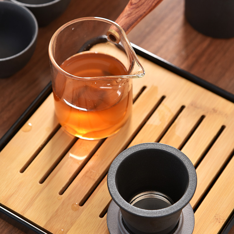 Ceainic cu mâner lateral din sticlă, stil japonez, set de ceai vintage cadou din ceramică neagră, set de ceai de călătorie cu ceașcă